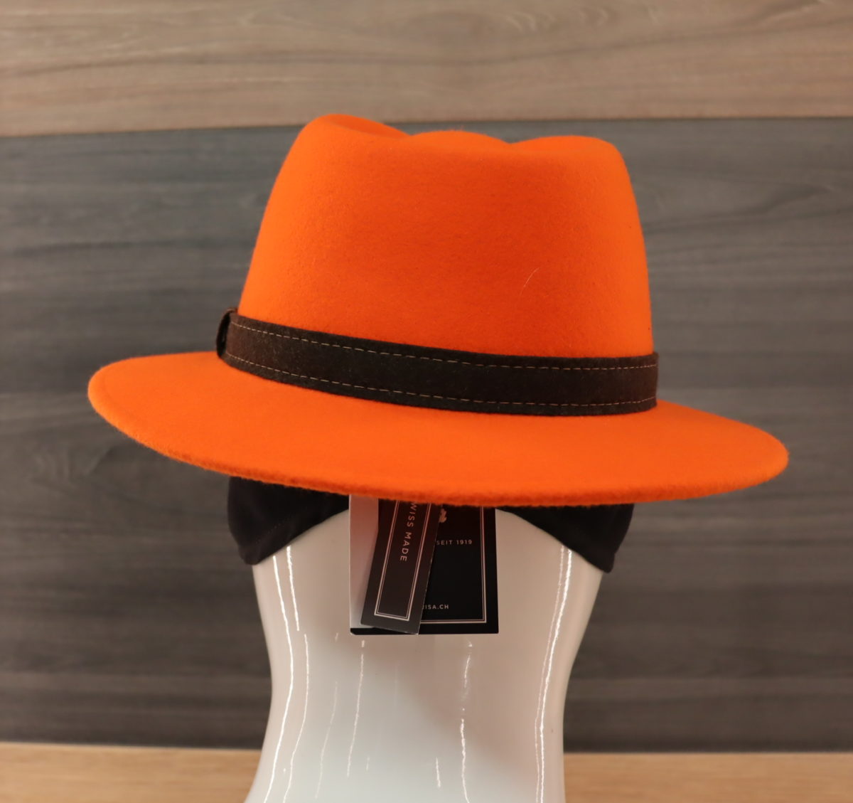 Chapeau Fedora City Wollfilz Orange-Braun avec flip protège oreille