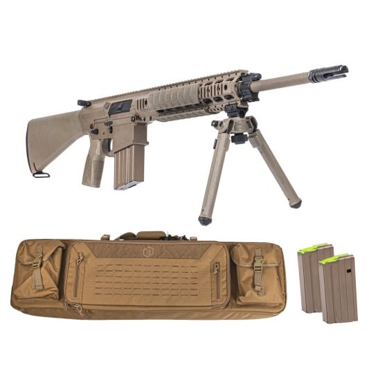 AR-10 Rifle Billet Quad Rail, A1 Stock, Magpul Bi-Pod, 3 Mags, & Sabre Bag, FDE